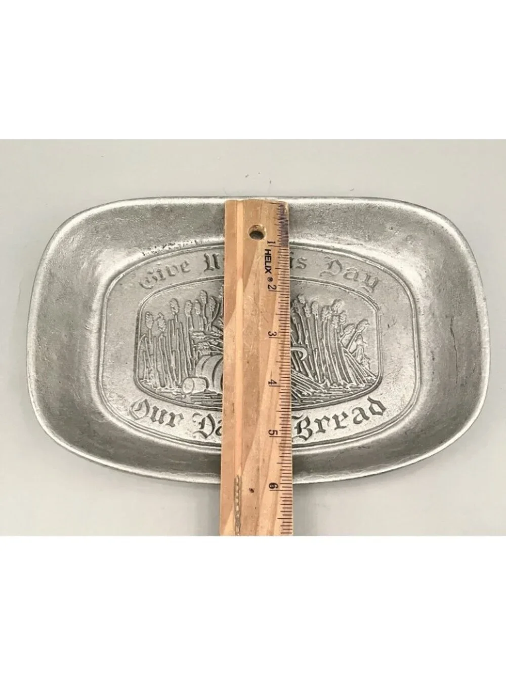 MCM Pewter Bread Tray “Give Us This Day Our Daily Bread” Vintage Farmhouse 8.5x6